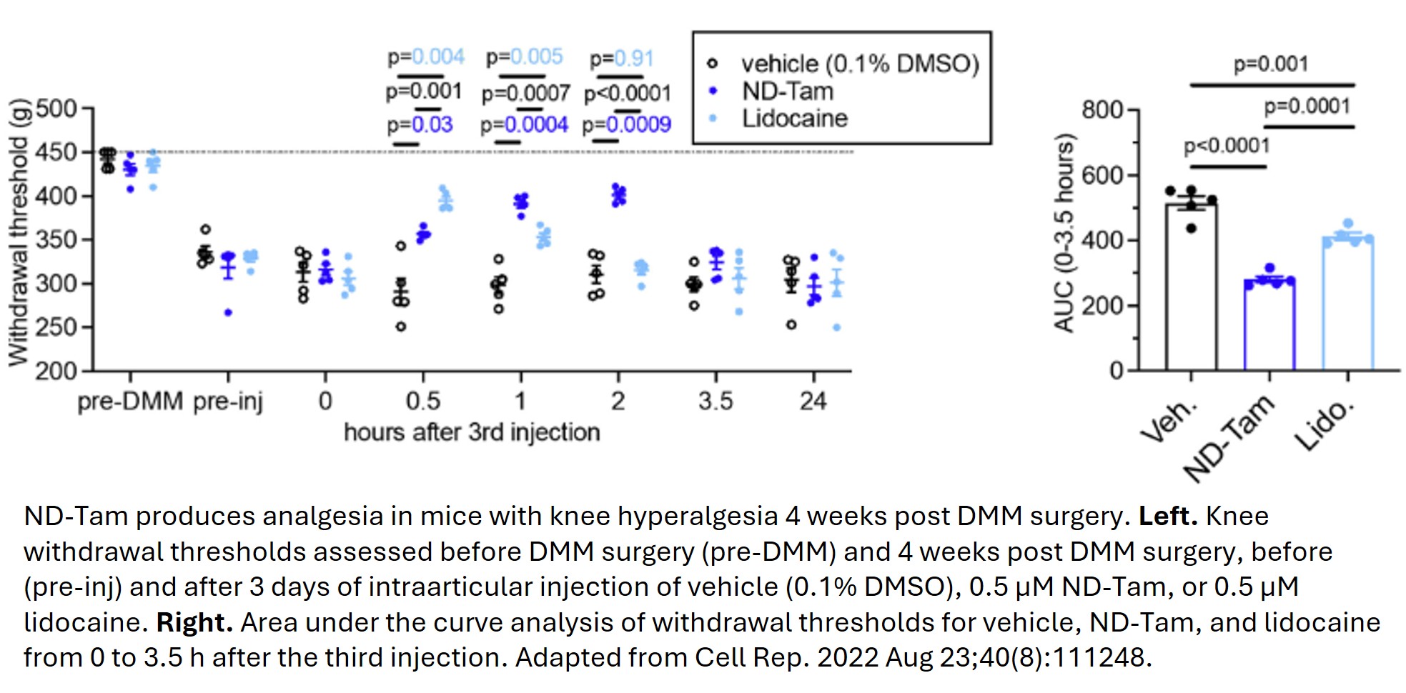 ND-Tam produces analgesia in mice with knee hyperalgesia 4 weeks post DMM surgery. 